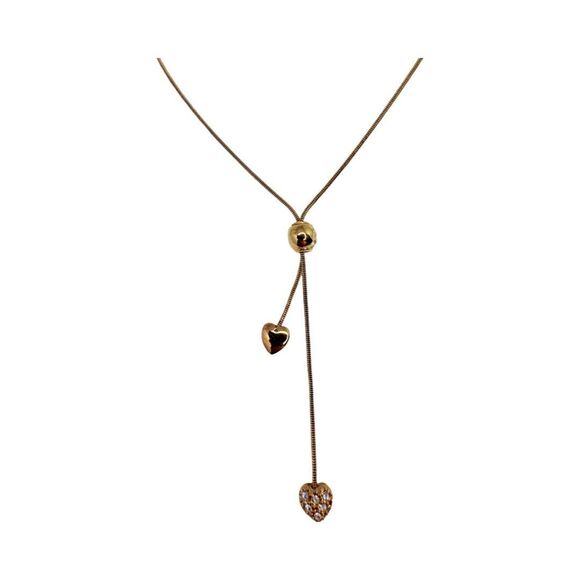 Gold Tone Double Heart Lariat Chain Necklace 22" Rhinestone Love Valentines Day - Picture 5 of 8